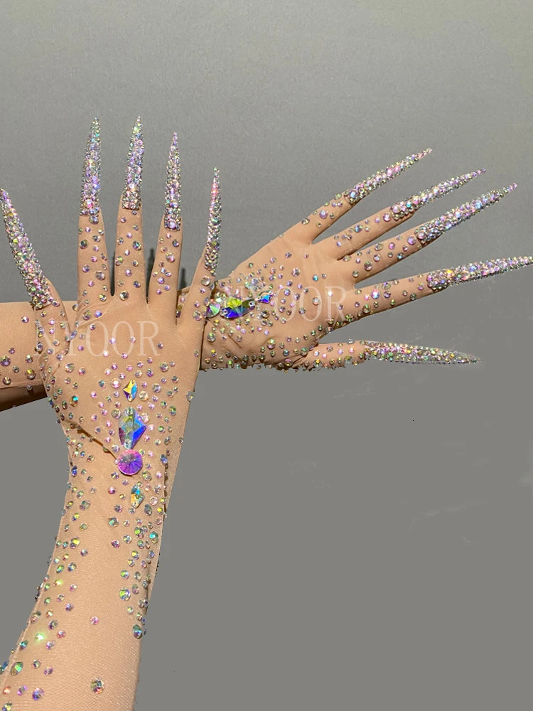 Sparkling colored rhinestones transparent mesh sexy long gloves dancers singers nightclubs dance stages po shoot241105