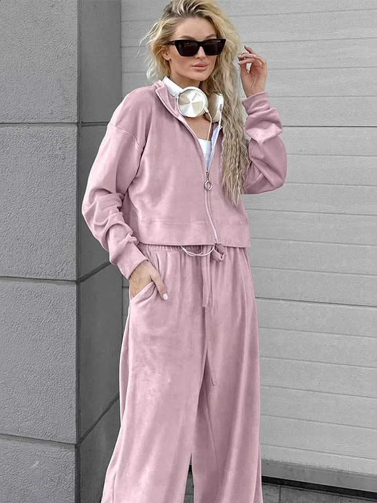 Loose Velvet Womens Sets Elegant Lapel Long Sleeve Zipper Coats High Waist Wide Leg Pant Suit 2024 Autumn Casual Commute Outfit 241105