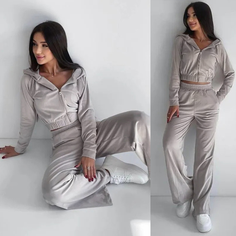 Autumn New Female's Casual Sport Pants Suit Solid Color Long Sleeve Cardigan Hoodie Elastic Trousers Women Fall Two-Piece Set