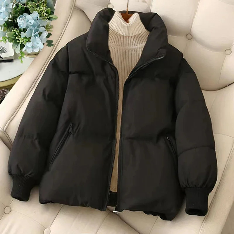 EVNISI Women Solid Loose Zipper Coat Long Sleeve Pocket Casual Down Coat Winter Thermal Thickened Fall Cotton-padded Jacket 241105