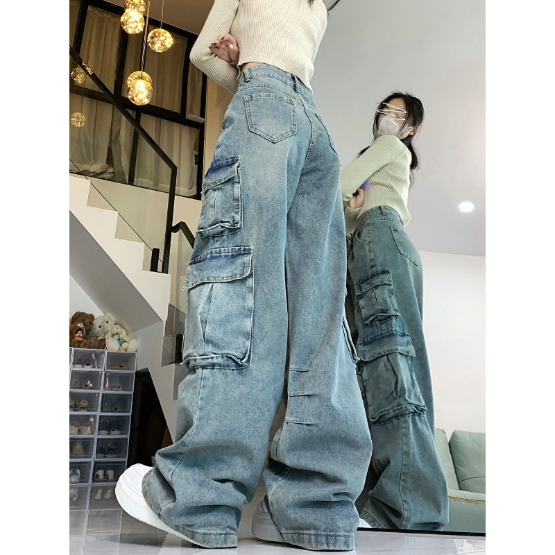 QWEEK Y2k Oversized Vintage Cargo Jeans Woman Hippie Streetwear Haruku Denim Pants Baggy Korean Fashion Trousers Aesthetic