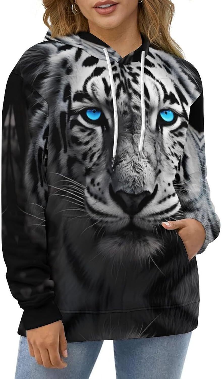 Hoodie for Mens Womens Wild White Tiger Hoodies for Men 3D Print Pullover Hooded Drawstring Loose Sweatshirt with Big Pockets Graphic fashion cool