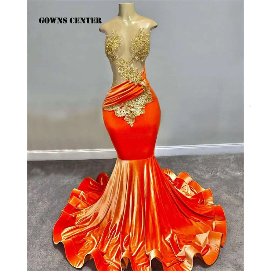 Orange Pretty Veet Gold Appliques Dress For Black Girls Mermaid New Arrival Evening Party Gowns Custom Made Prom Vip
