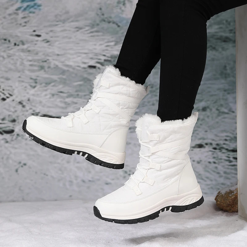 White 2021 Women Winter Snow Boots Waterproof Fur Ed Frosty Warm Anti-Slip Furry Ankle Shoes Outdoor Mujer