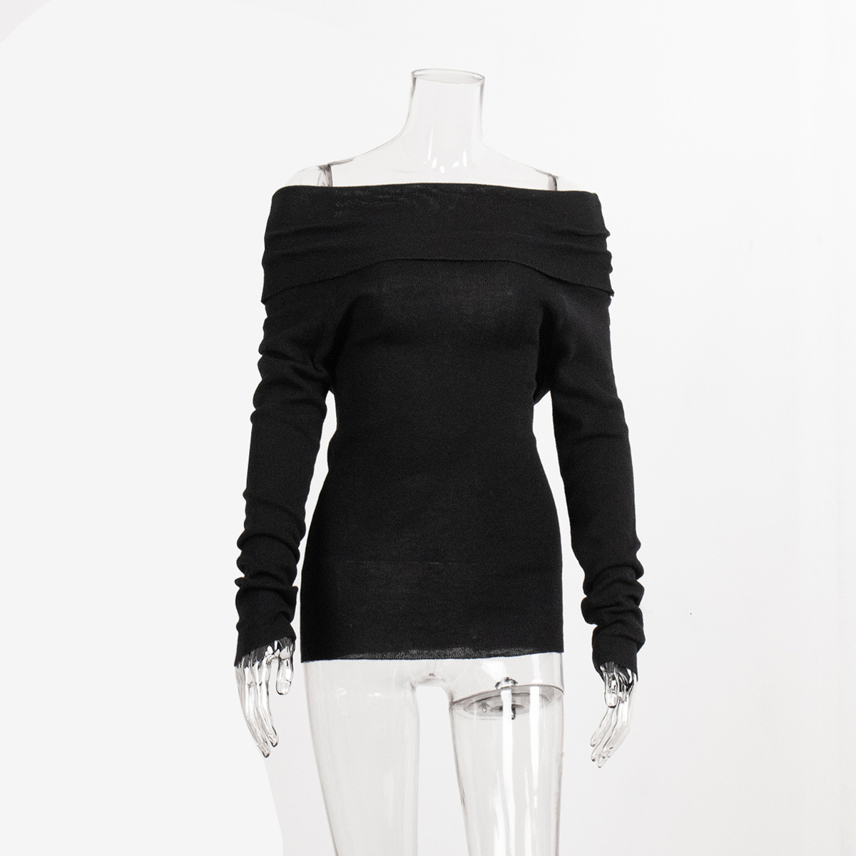 Spring Women's Sexy Slim Fit Solid Color Pullover One Line Neck Long Sleeved Knitwear Vintage Sweater
