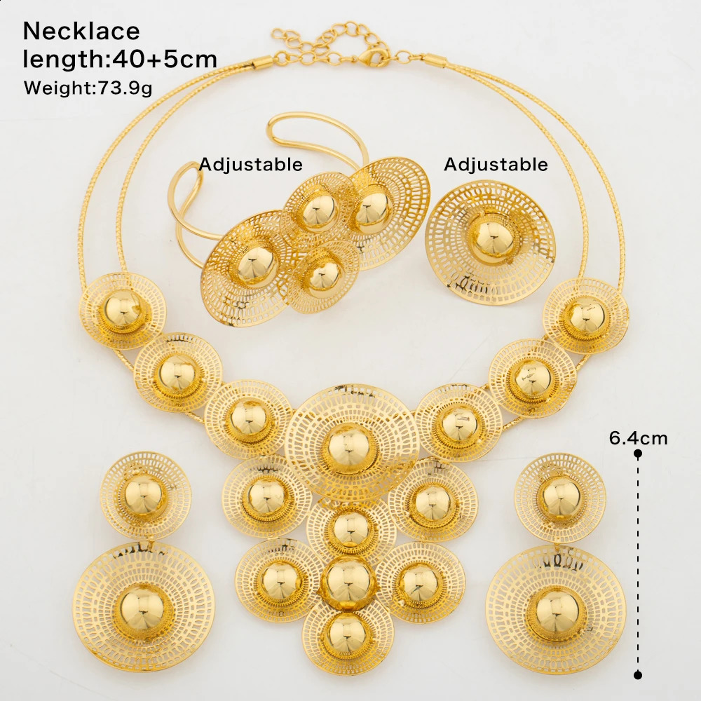 Big Woman Jewelry Set Dubai Gold Plated Earrings Necklace Copper Multiple Small Circle Flower Bride Bangle Rings Gift 241105