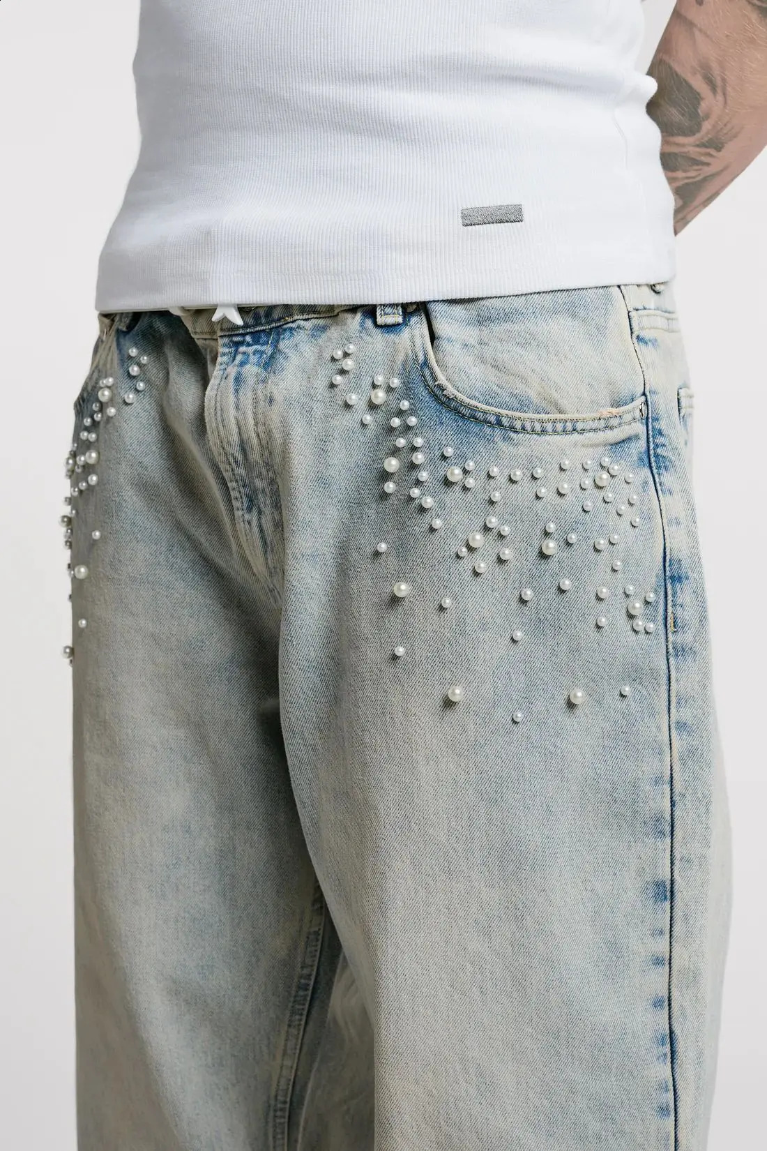 Y2K Men Women Straight Leg Wide Pants Retro Pearl Jewelry Embroidery Baggy Jeans High Street Washed Blue Denim Trousers 241105