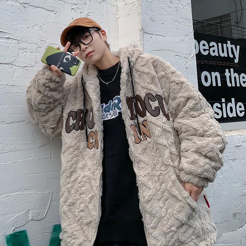 YASUGUOJI Fashion Vitage Embroidery Lamb Wool Fur Coat for Men Winter Thicken Warm Zipper Loose Hooded Cotton Jacket Men 241105