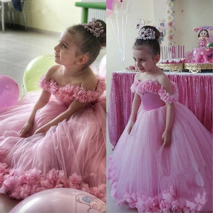 D Floral Pink Ball Gown Flower Girls Dresses Off Shoulder Puffy Toddler Pageant Dress Wedding Little Baby Gowns for Communion Resses Ress S resses res