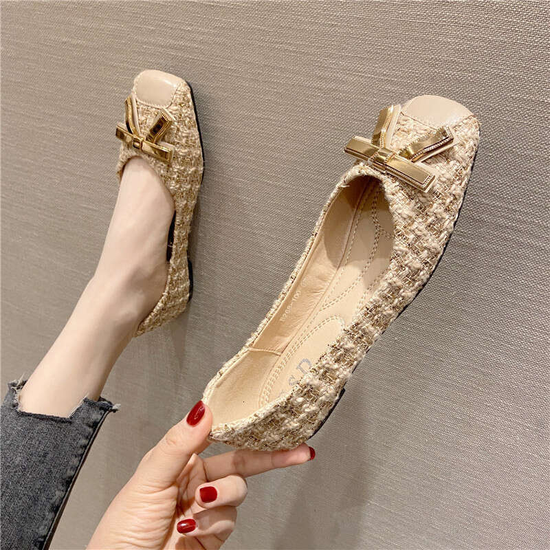 Single Shoe Metal Buckle Square Toe Ladies 2023 Spring New Style Shallow Mouth Temperament Daily Four Seasons Bottomed Flat Heel Women's Shoes