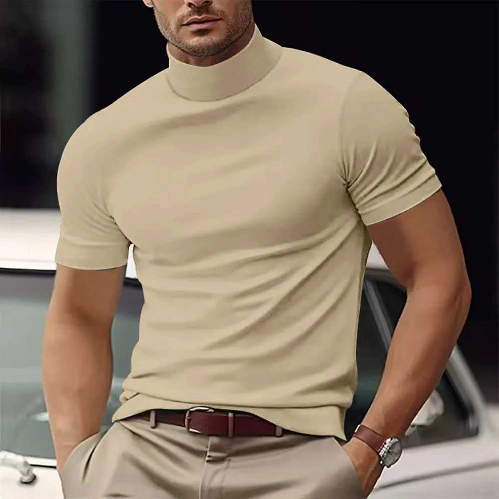 Summer New Casual T-shirt Fashion Half High Collar Slim Fit Solid Color Bottom Collar Solid Color T-shirt Simple Style Wearing W241104