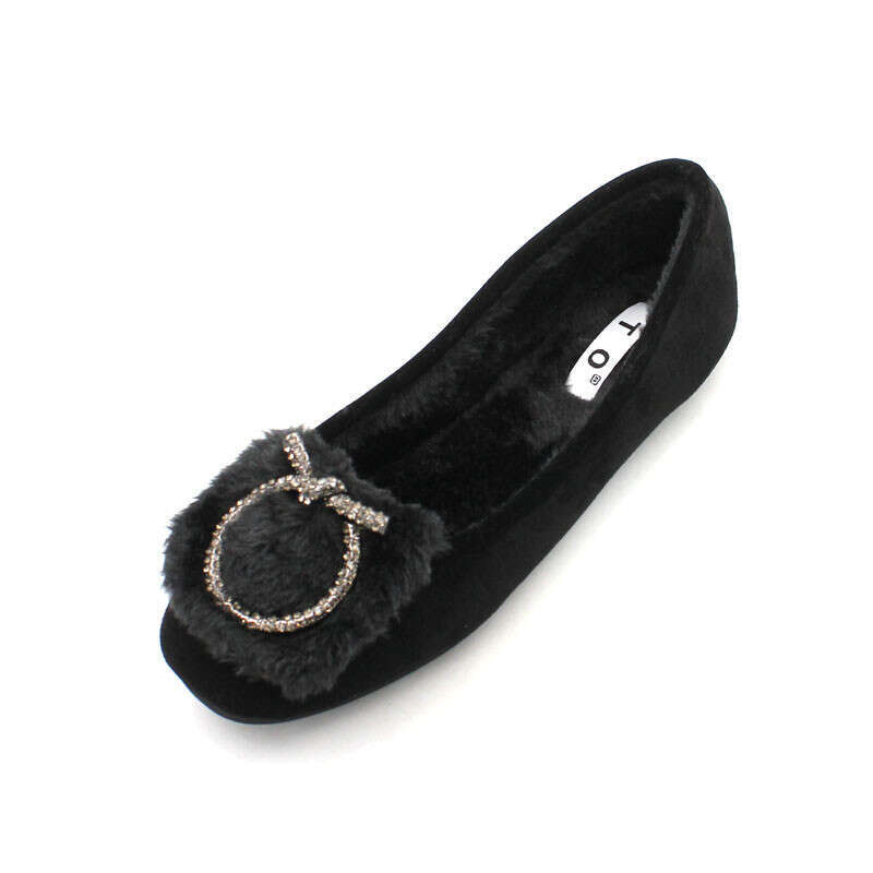 2023 Autumn Winter Versatile Shallow Mouth Velvet Sole Single For Women, Hairy With Flat Heels And Bean Shoes, Women's Cotton Scoop Shoes