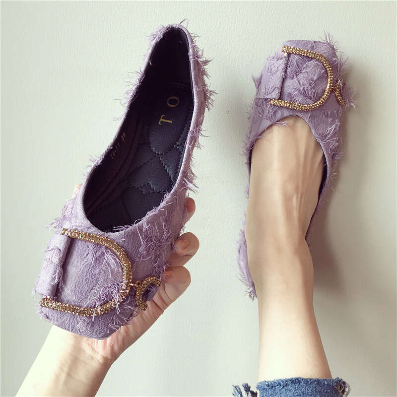 2023 Autumn New Water Diamond Versatile Cloth Face Square Head Shallow Mouth Flat Single Soft Bottom Pregnant Women's Scoop Shoes