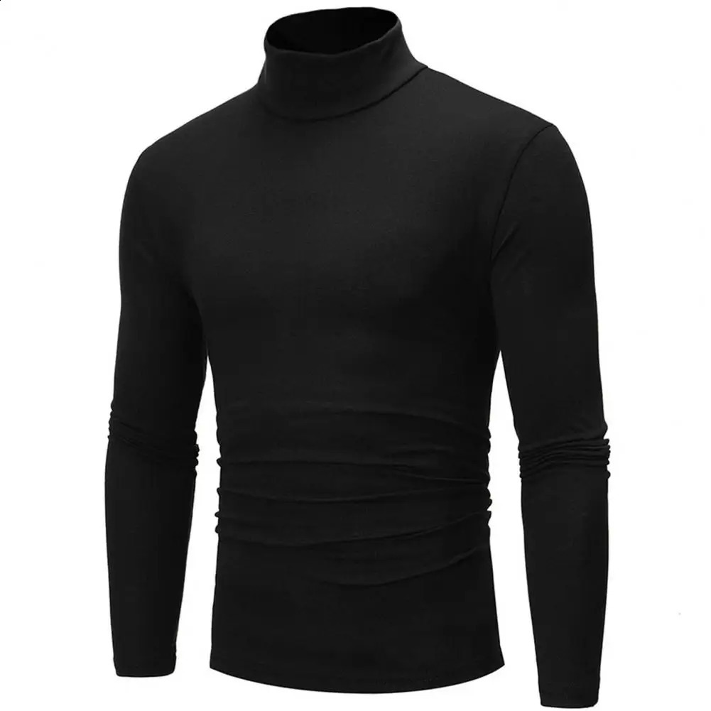 Men Tshirt Autumn Winter Slim Fit Bottoming Turtleneck Long Sleeve Solid Color Elastic Thin Pullover Tops Streetwear 241105