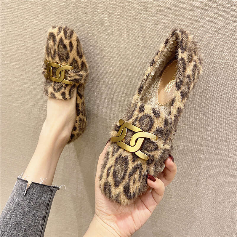 Hairy Women, 2023 Autumn Winter New Item, Wearing Warm And Velvet On One Foot, Bean Shoes, Leopard Print Mink Fur Cotton Shoes For Women