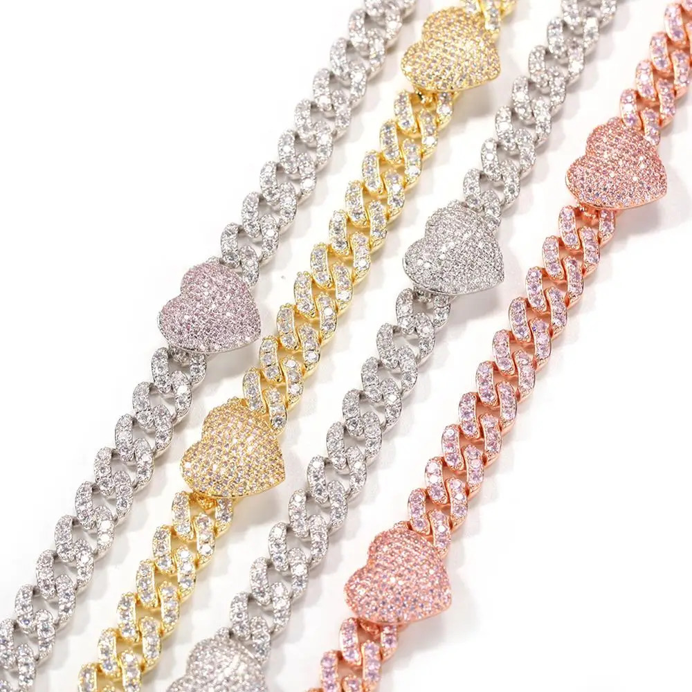 Uwin 9mm Cuban Link and heart-shaped pink Choker Cz punk Miami Link shiny hip-hop jewelry gift241105