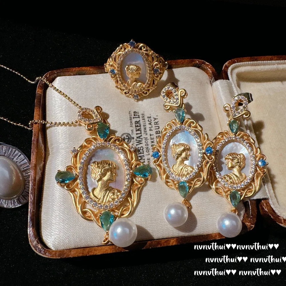 Original 18K Gold Plated Exquisite Carving Goddess Face Jewelry Sets with Zircon Court Style Retro Women Ring Earring Necklace 241105