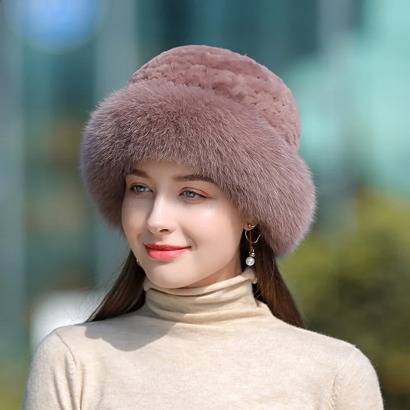 Lady Winter Real Fur Hat Women Warm Knitted Genuine Formal Rabbit Top Natural Fox Bomber Caps Rex Cap 241105
