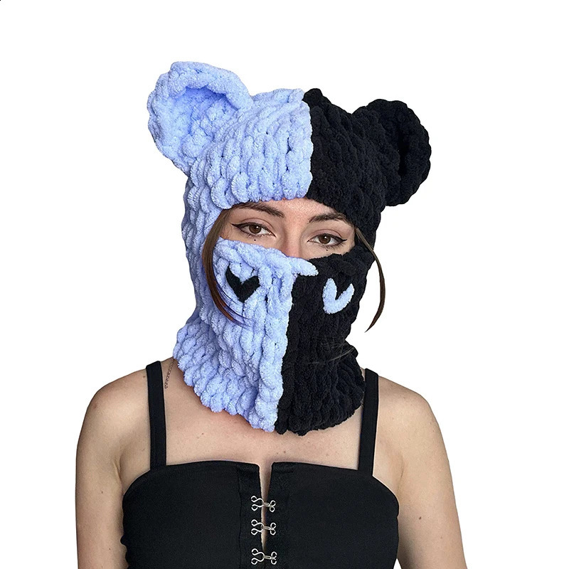 Funny Ears Knitted Hat Beanie Contrast Color Heart Creative Fall Winter Warm Full Face Ski Facewear Caps Windproof for Women 241105