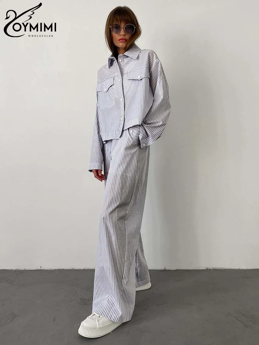 Oymimi Elegant Blue Print Striped Sets For Women 2 Pieces Fashion Lapel Long Sleeve Pockets Shirts And Straight Pants Female Set 241105