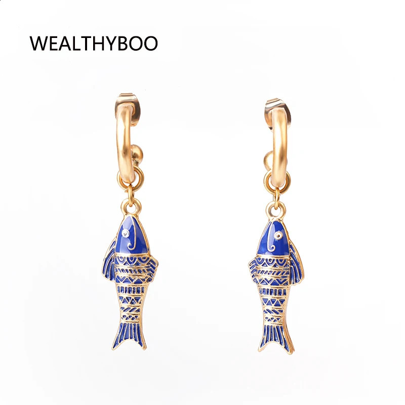 Blue Fish Pendant Earrings Chic Marine Life Charms Earrings Women Girls C-Shapled Statement Earring Gift 241105