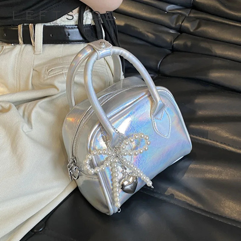 Mini PU Leather Short Handbag for Women Korean Fashion Handbag for Women Simple Silver Cross Body Bag 241105