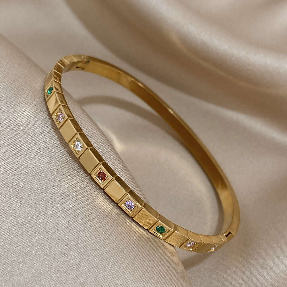 Stainless Chic 316L Fashion Jewelry Hot New Steel Bracelets for Women Romantic Inlaid Colorful Zircon Block Gold Plated Cuff Bangle Charm Jewelry Gift