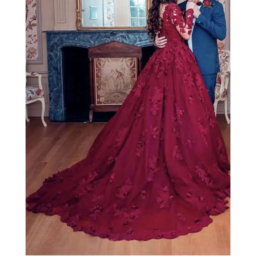 Bury Sheer Long Sleeves Arabic Ball Gown Dresses D Ral Lace Applique Beaded Sweep Train Bridal Wedding Gowns S