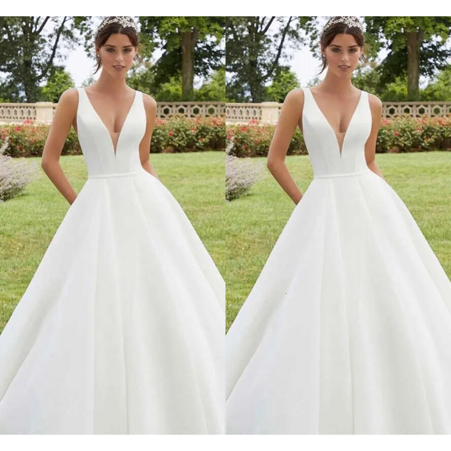 Simple Bohemian Elegant Plus Size A E Wedding Dresses Women V Neck Satin Backless Sweep Train Bridal Gown Second Reception Dress For Weddding Party Cu