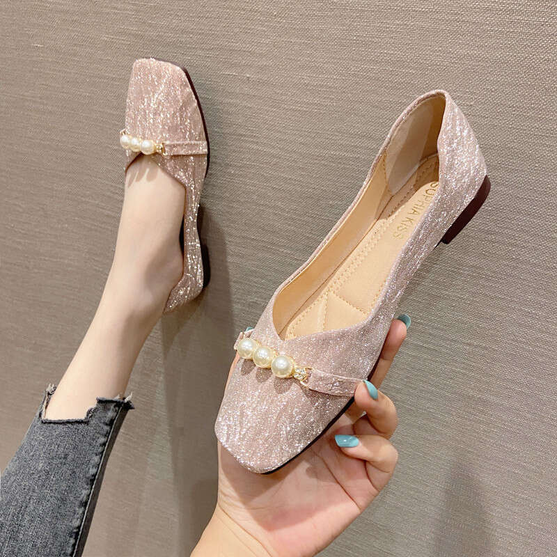 Korean Version Square Toe Shallow Mouth Flat Bottom Single For Women 2023 Summer New Versatile Soft Leather Comfortable Sequined Bean Scoop Shoes