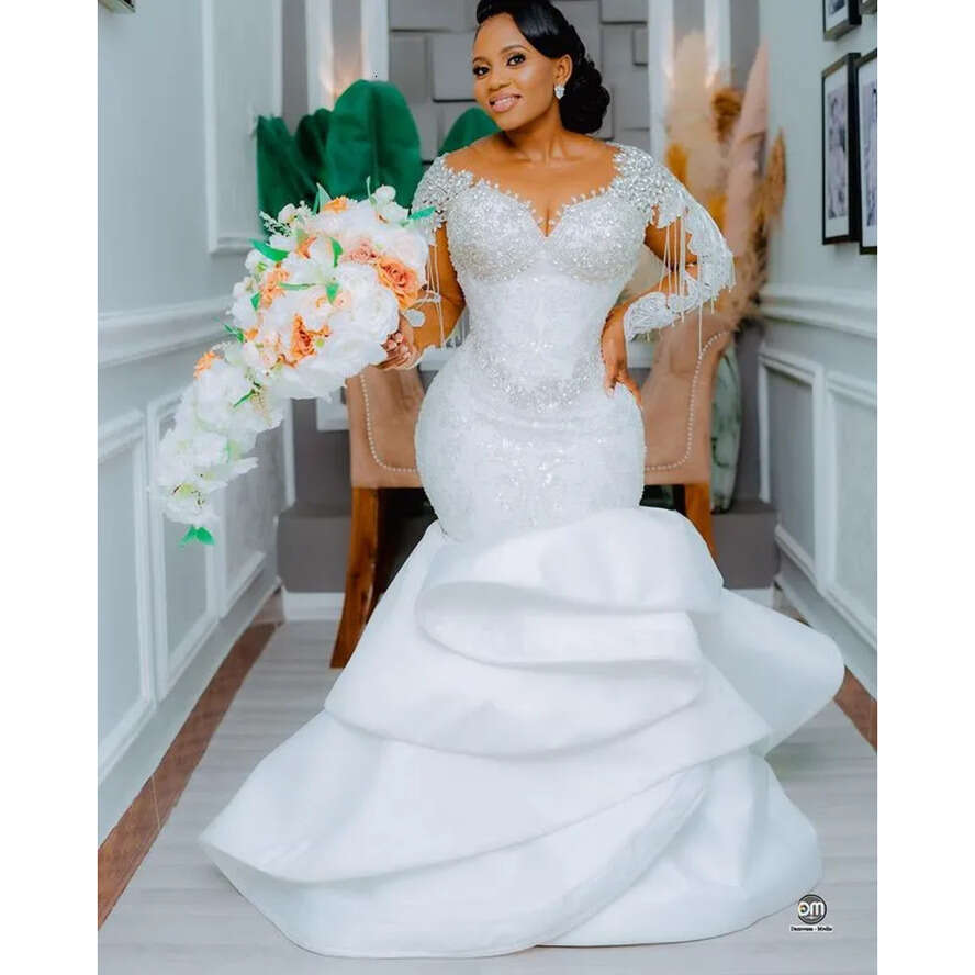 Oct Arabic Aso Ebi Plus Size Mermaid White Wedding Dress For Bride Beaded Crystals Satin Sequined Lace Bridal Gowns Dresses ZJ 6660311