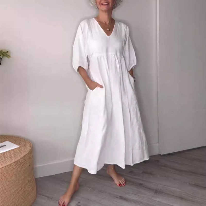 Women Dresses Autumn women's cotton linen deep V-neck pleated solid color casual pocket dress