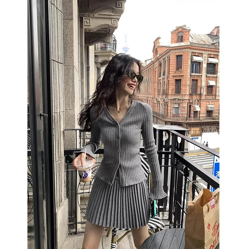 Autumn Women Korean Fashion Girls Sweet Slim Knit Cardigan Y2k Tops Elastic Waist Mini Pleated Skirt 2Pcs Matching Set