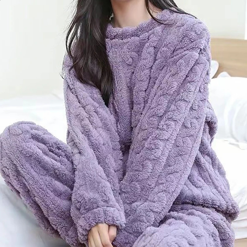 Autumn Women Solid Warm 2 Piece Sets Thicken Velvet Ribbed Fleece Set Pullover And Pants Women Casual Pajama Sets 241105
