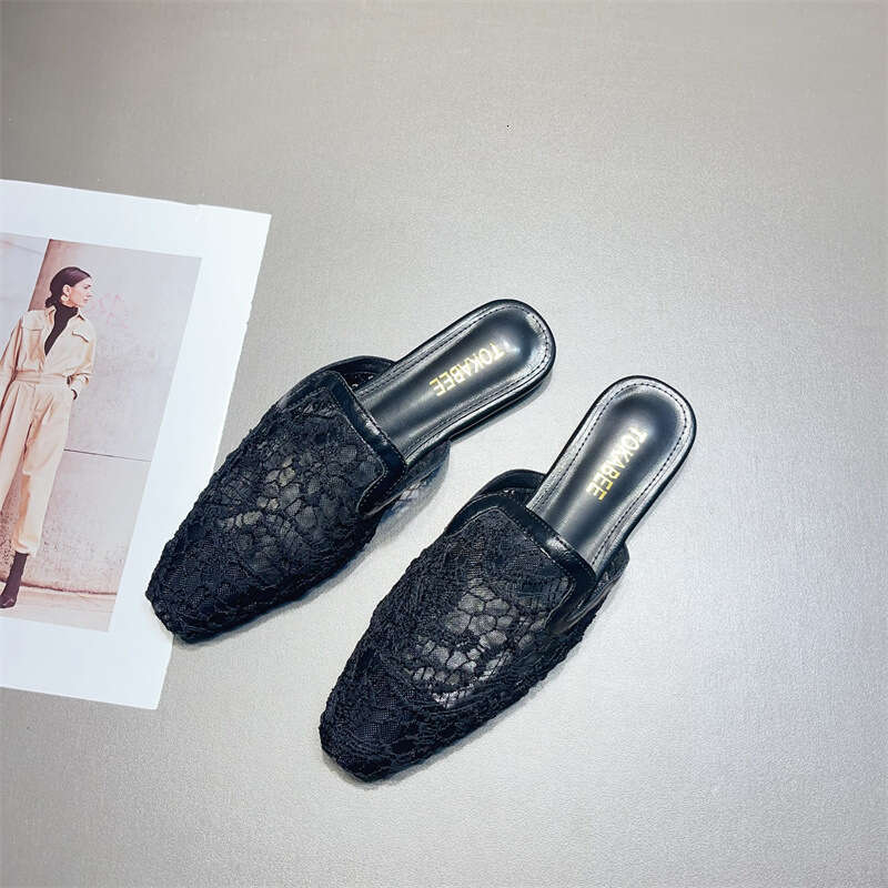 Fashionable Baotou Half Slippers For Women's Summer Outerwear 2024 New Comfortable Hollow Out Breathable Lace Mesh Flat Mill Shoes