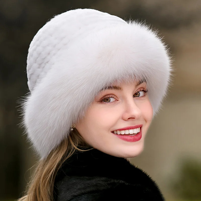 Lady Winter Real Fur Hat Women Warm Knitted Genuine Formal Rabbit Top Natural Fox Bomber Caps Rex Cap 241105