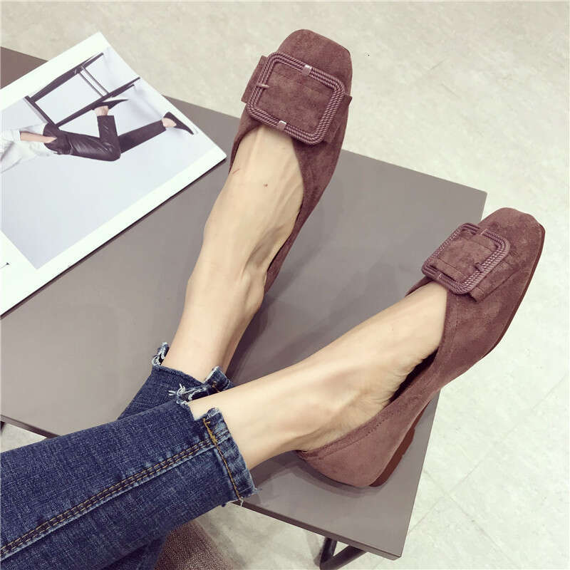 2023 Autumn New Versatile Buckle Square Toe Sole Single Suede Soft Soled Flat Heel Bean Women, Scoop Shoes For Women