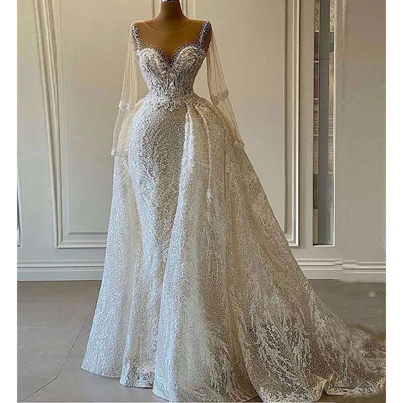 Wedding Dresses White New Bridal Gowns Formal Applique Beaded Custom Ivory Zipper Up Plus Size Mermaid Trumpet O-Neck Long Sleeve Illusion Lace Sequin