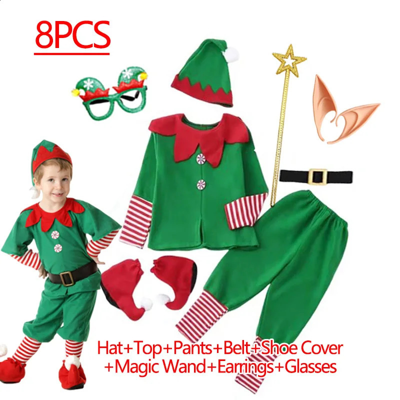 Santa Claus costume girl boy role-playing green elf carnival party 2025 Year fancy dress childrens Christmas costume set 241105