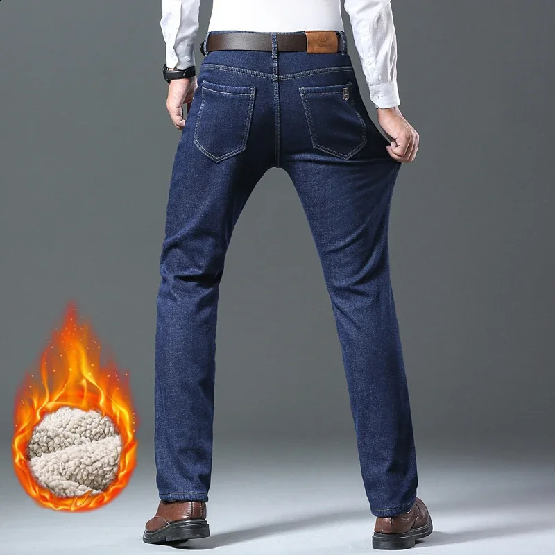 Winter Mens Fleece Thick Sherpa Jeans Business Casual Velvet Straight Denim Pants Male Wool Plush Classic Stretch Trousers 241105