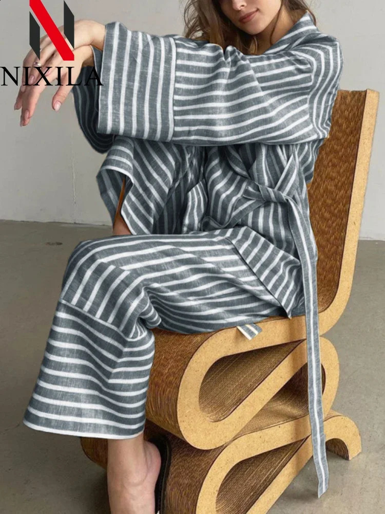 in Spring Summer Striped Long Sleeved Loose Tie Up Sets for Women 2 Pieces Fashion Leisure Pant Sets Elegant Womens Suits 241105