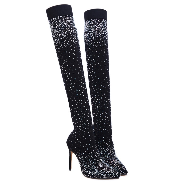 Eilyken Runway Style Crystal Over-the-Knee Thigh High Boots Woman Designer Pointed Toe Stretch New Fabric Long Sock Botas De Mujer