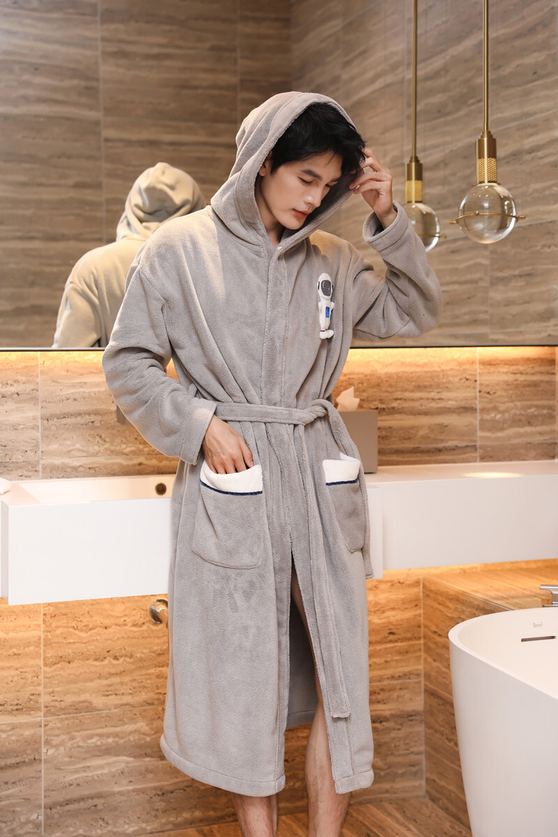 New designer coral fleece pamas men's autumn and winter, thick and elongated hat, winter warm and absorbent yukata, men's and women's b
