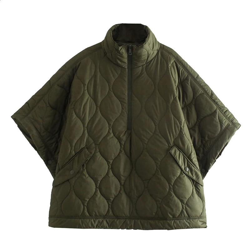 Cottonpadded Women Shawl Cape Coat Argyle Stand Collar Thickened Zipper Warm Winter Female Outwear Poncho Batwing Seleeve 241105