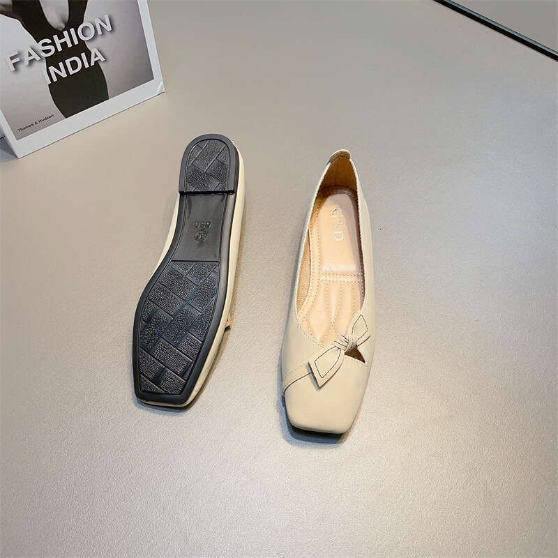Gentle Style Shallow Mouth Single Shoe Women's Korean Version Spring And Summer New Item Bow Versatile Soft Sole Square Toe Flat Bottom French Sc