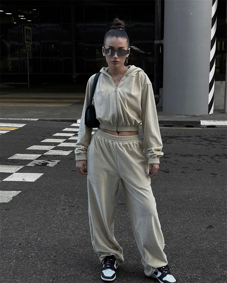 Casual Women's Street Style Long Sleeve Hooded Cardigan Elastic Two-Piece Trousers Suit Women's Clothing