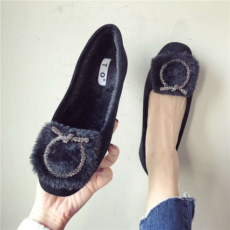 2023 Autumn Winter Versatile Shallow Mouth Velvet Sole Single For Women, Hairy With Flat Heels And Bean Shoes, Women's Cotton Scoop Shoes