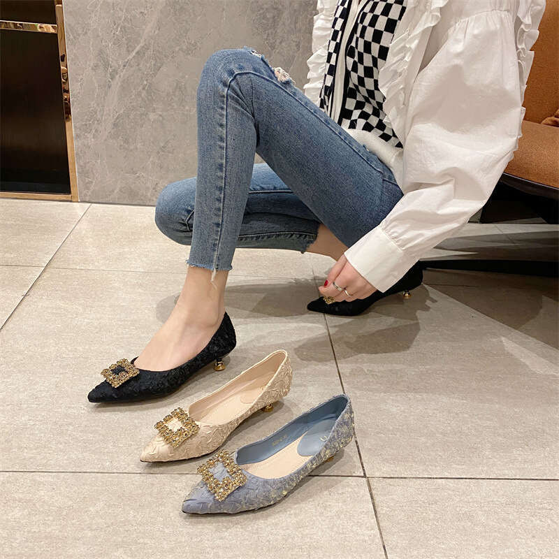 French Rhinestone Buckle Single For Women 2023 New Korean Style Temperament Sexy Pointed Toe High-Heeled Professional Shoes