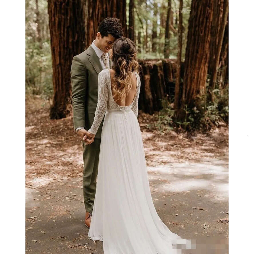 Boho Sexy Backless Dresses A E Long Sleeves Scoop Neck Chiffon Sweep Train Country Beach Wedding Gown Vestido De Novia