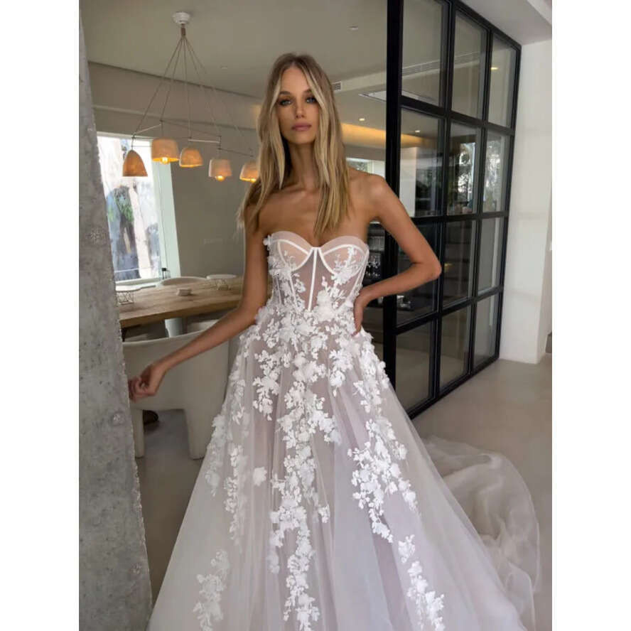 Boho Backless A E Dresses Bone Bodice Sweep Train D Appliques Tulle Wedding Bridal Gowns